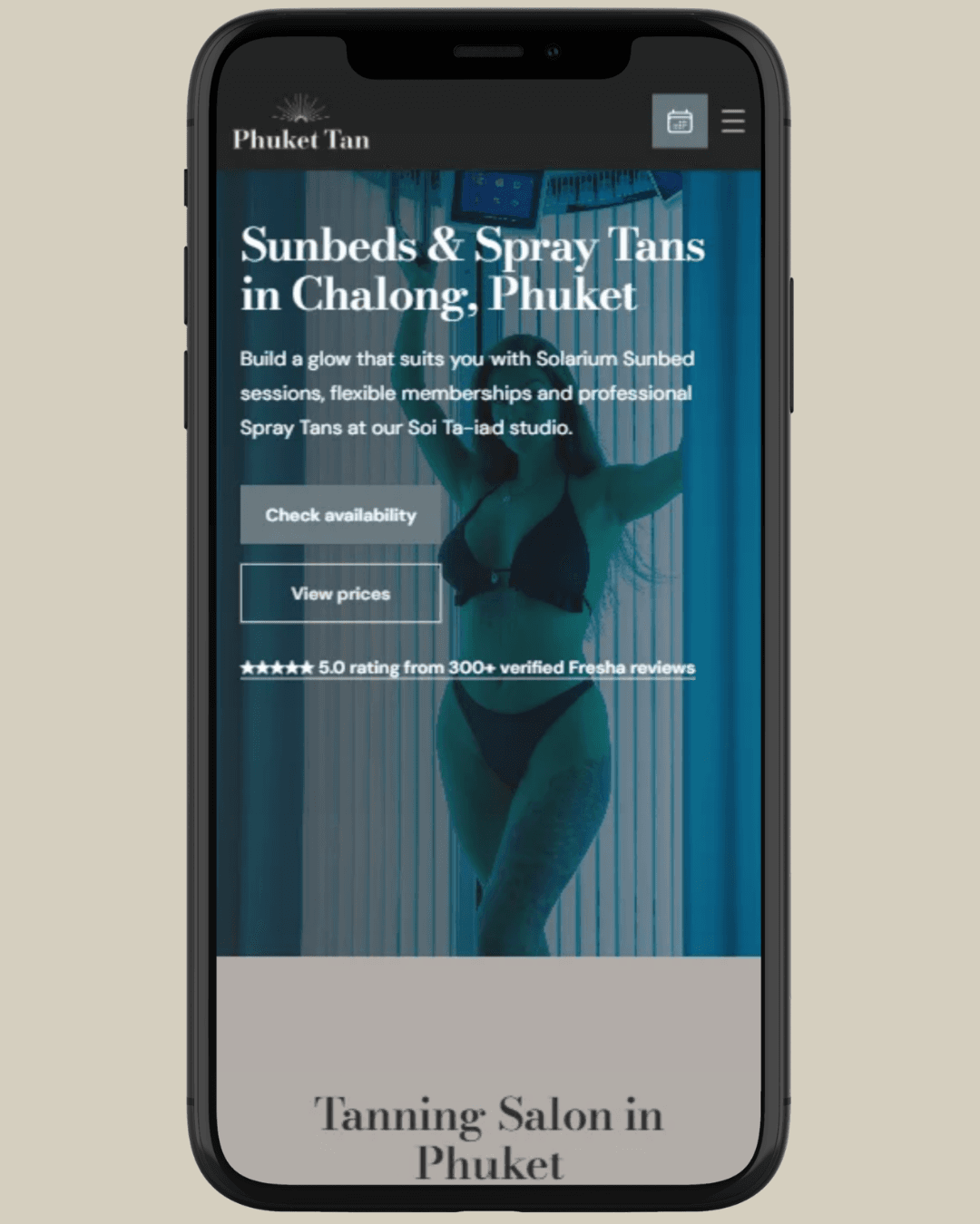 Phuket Tan website shown in a mobile device mockup
