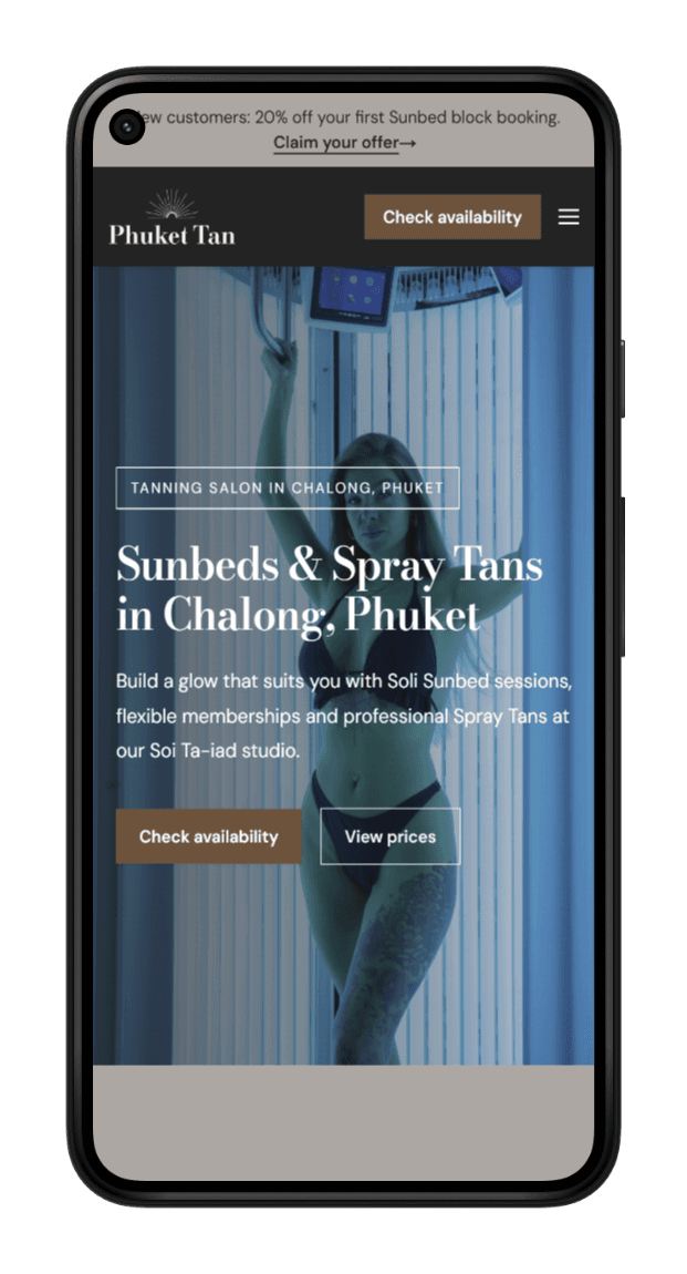 Phuket Tan website shown in a mobile device mockup